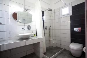 a bathroom with a sink and a toilet and a mirror at Stella's place, Vlichada in Vlychada +36 photos