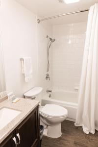 a white bathroom with a toilet and a bath tub at Alaska Frontier Inn in Delta Junction