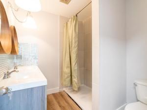 a bathroom with a shower with a sink and a toilet at Cozy Private Home single rooms in Halifax
