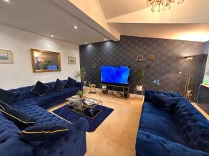 a living room with blue couches and a flat screen tv at PENDERI HOUSE USK SOUTH WALES in Usk