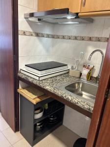 eine Küche mit einer Spüle und einer Arbeitsplatte in der Unterkunft SUNSTUDIO TARIK AL in Portimão