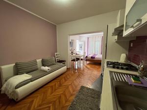 een woonkamer met een bank en een keuken bij Holiday apartments Duba Peljeska, Peljesac - 10231 in Trpanj