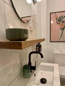 a bathroom with a sink and a mirror and a toilet at Stylish Geelong Cabin - Your home away from home in Belmont