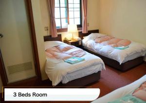 2 łóżka w pokoju hotelowym z lustrem w obiekcie Hotel Montblanc Hakuba w mieście Hakuba