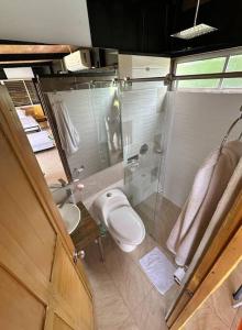 a bathroom with a toilet and a glass shower at Comfortable glamping loft with pool and vineyards in Rivera