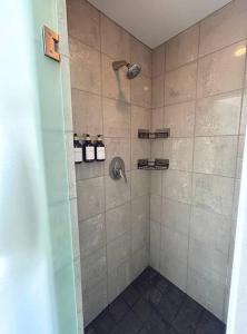 een badkamer met een douche en een betegelde douche bij Tokyo in Denver, Speakeasy Room & Skyline Rooftop In Central RiNO in Denver