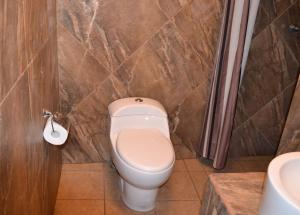 La salle de bains est pourvue de toilettes et d'un lavabo. dans l'établissement Hotel Paraiso, à Tepic