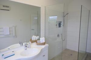 a bathroom with a sink and a glass shower at Lodge On St Georges in Havelock North
