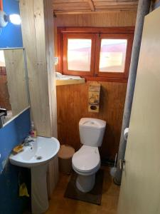 a small bathroom with a toilet and a sink at Cabañas Armandiños in Pichidangui