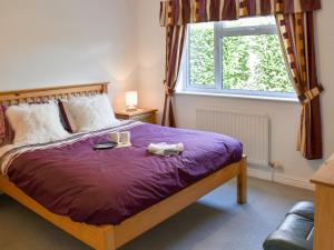ein Schlafzimmer mit einem Bett mit violetter Bettwäsche und einem Fenster in der Unterkunft Meadow View in Hockering