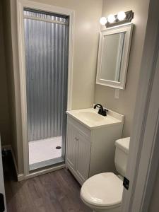 a bathroom with a shower and a toilet and a sink at Spacious Home near Airport in Bangor