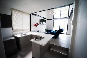 a kitchen with a sink and a counter top at hermosa cabaña multinivel para pareja 