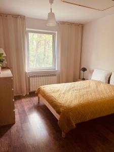 1 dormitorio con 1 cama con colcha amarilla y ventana en Dom Blisko Natury Boszkowo Letnisko Dom A en Boszkowo-Letnisko