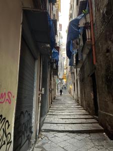 a narrow alley with a person walking down it at Pendino Luxury Rooms in Naples