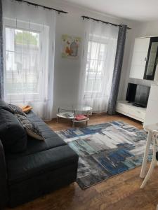 uma sala de estar com um sofá preto e um tapete em Modernes Studio em Baden-Baden