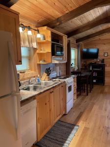 a kitchen with a sink and a stove at Pet Friendly, Peaceful Cabin Near Wineries, in Tryon