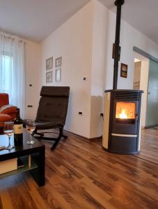 ein Wohnzimmer mit einem Kamin und einem Sofa in der Unterkunft Apartma Vista montana in Kobarid