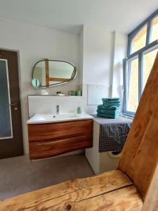 uma casa de banho com um lavatório e um espelho em Pension Schul Inn em Ruhla