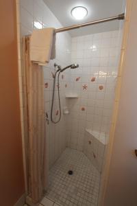 a bathroom with a shower with a shower curtain at Edgewater Beach Inn & Suites in Santa Cruz