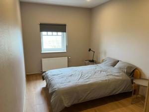 a bedroom with a large bed and a window at Mazā Kaija in Bērzciems