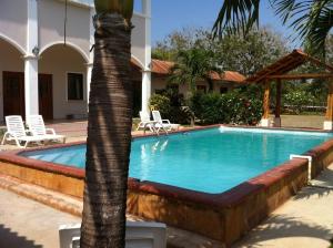 a swimming pool with a palm tree next to a house at Pedasi Sports Club in Pedasí Town