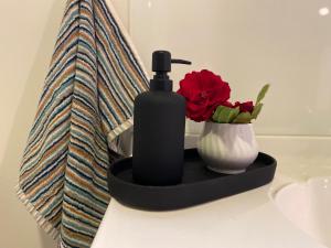 a black soap bottle and a vase with a red flower at Wanaka Deluxe Studio in Wanaka +28 photos