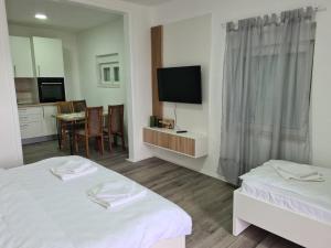 a hotel room with two beds and a television at Vizura in Trebinje