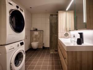 a bathroom with a washer and a sink and a washing machine at Perfekt base for det meste! in Leknes