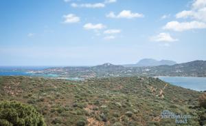a view of a hill with trees and the ocean at Iole's House, finestra sul mare in Olbia