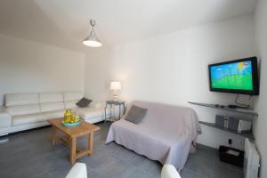 a living room with a white couch and a tv at GITE LA BLANCHE LONGERE in Compertrix