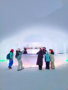 un groupe de personnes debout devant une sculpture de glace dans l'établissement Arctic SnowHotel & Glass Igloos, à Sinettä