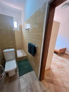 a bathroom with a toilet and a sink and a shower at Une Maison en pierre in Ndayane