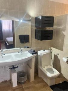 ein Badezimmer mit einem Waschbecken, einem WC und einem Spiegel in der Unterkunft Une Maison en pierre in Ndéyane