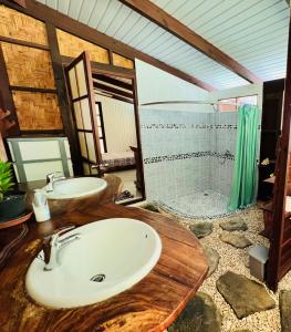 a bathroom with a sink and a shower at Te Fare Manulani in Uturoa