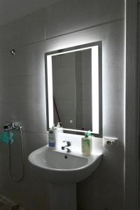 uma casa de banho com um lavatório e um espelho em Cozy apartament in Tirana em Tirana
