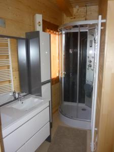 W łazience znajduje się prysznic i umywalka. w obiekcie Chalet Bellevue w mieście Les Orres