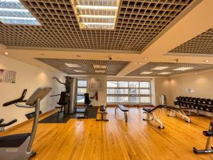 a gym with treadmills and exercise equipment in a room at Cosmos Living Luxurious Studio Near Metro in Dubai