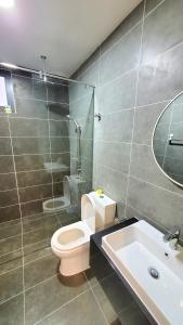 a bathroom with a toilet and a sink and a mirror at Lost World Of Tambun Coco Guest House in Ipoh