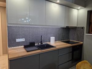 a kitchen with a sink and a tiled wall at Peaceful&Central apartment with garden in Târgu-Mureş +8 photos