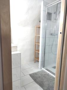 a bathroom with a shower with a glass door at Les insolites de Champeix 2 in Champeix