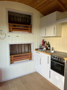 uma cozinha com armários brancos, um lavatório e um fogão em Pearl Shepherds Hut em Penally