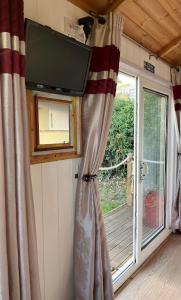 a room with a tv and a window in a caravan at Pearl Shepherds Hut in Penally