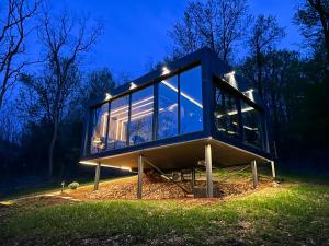 a glass house on display in a field at ForRest Boutique Cabin in Dunabogdány