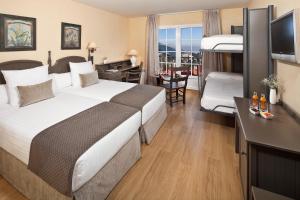 シエラネバダにあるMelia Sierra Nevadaの大きなベッドとデスクが備わるホテルルームです。