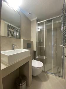 a bathroom with a sink and a toilet and a shower at Toumba apartments in Thessaloniki