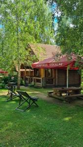 a log cabin with two picnic tables in front of it at Camping Oskalns in Cēsis