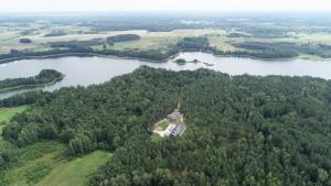 an aerial view of a lake with trees and a house at Vilkes Villa Ezero namas in Bertašiūnai