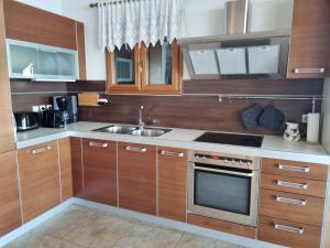 a kitchen with wooden cabinets and a sink at Zeitouni Lodge in Katávolos