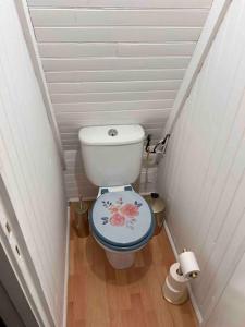 uma pequena casa de banho com um WC com uma flor pintada em Chalet L Atypic em Eyne