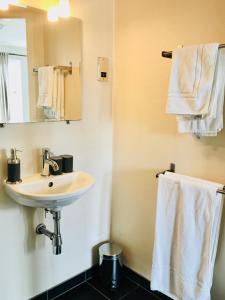 y baño con lavabo, espejo y toallas. en Thornhill Inn en Thornhill